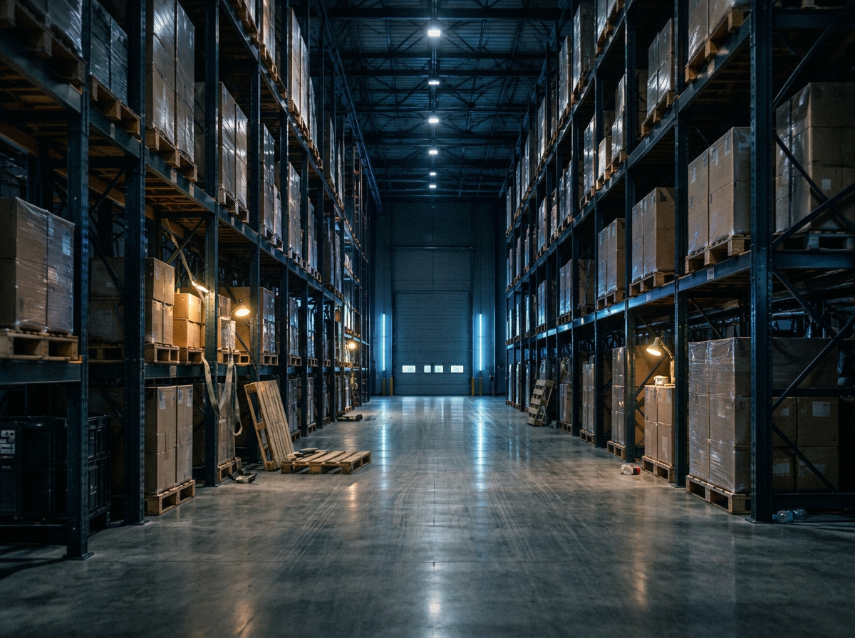 Modern distribution warehouse aisle with organized inventory
