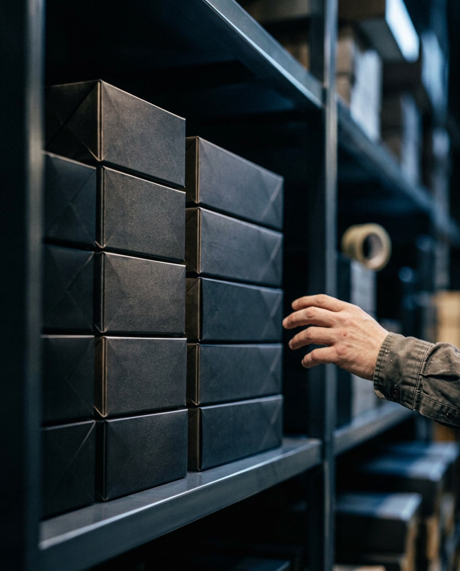 Neatly stacked product inventory on warehouse shelving